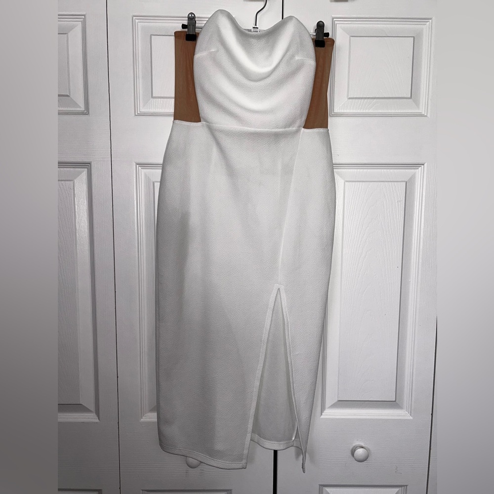 ASOS Strapless White Dress with Tan Mesh Side Panels
